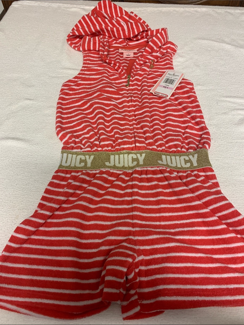 Juicy Couture little Girl’s Red & White NEW Striped Hooded Terry Romper Size 6